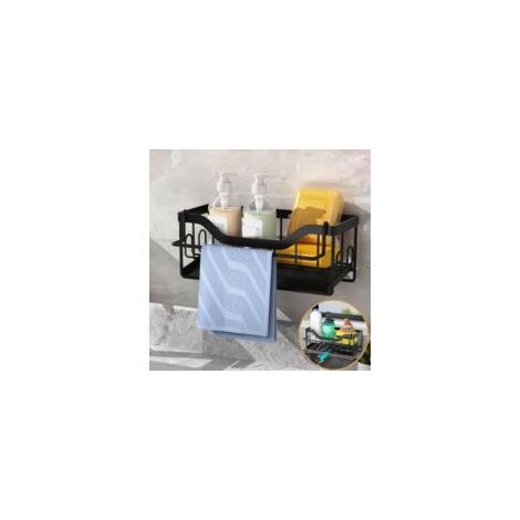 Porte Eponge evier Cuisine,Organisateur evier Cuisine Mural avec Bac de Vidange,Rangement evier Cuisine avec Porte-Serviettes,Support Eponge evier Cuisine avec Adhésif (Noir)