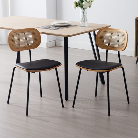 Wahson 2er Set Esszimmerstühle aus PU Leder, Rückenlehne Rattan Landhausstil mit stabile Metallbeine für Esszimmer Wohnzimmer, Schwarz (1/5)