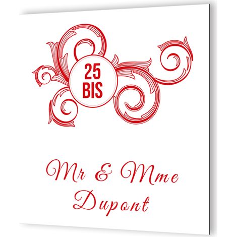 Plaque numéro maison extérieur personnalisable - Panneau Dibond aluminium blanc - Pictogramme rouge floral - 20x20 cm épaisseur 3 mm (1/5)