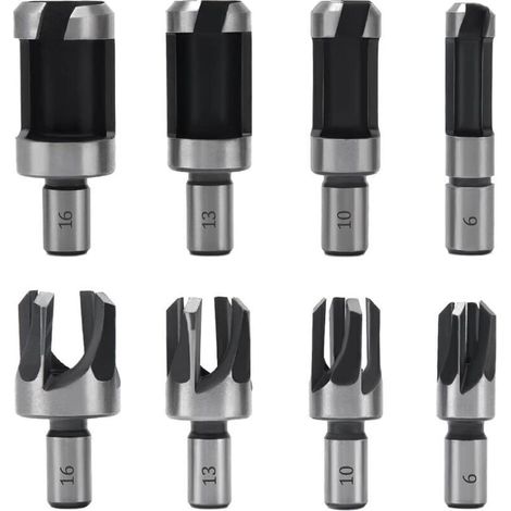 8 Pièces Fraise à Bouchonner Bois, Mèche à Bouchon Bois 6 mm/10 mm/13 mm/16 mm, Acier Carbone Bois Plug Perceuse pour le Travail du Bois, Forets à Bois à Griffe et Coniques