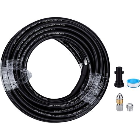 Kit de tuyau de nettoyage de canalisations compatible avec les nettoyeurs haute pression Karcher séries K2 à K7 : rallonge de 20 m, buse courte et longue, et adaptateur. (1/5)