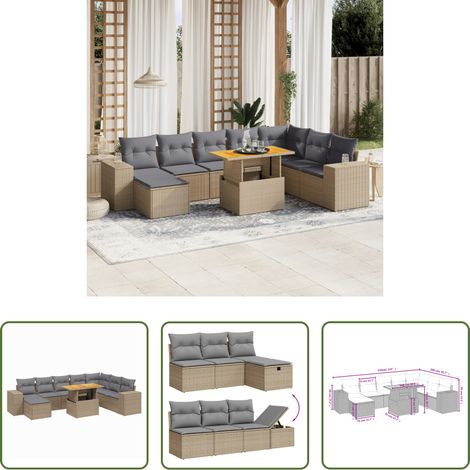 vidaXL Gartentisch mit Bezug - 9-tlg. Garten-Sofagarnitur mit Kissen Beige Poly Rattan (1/5)