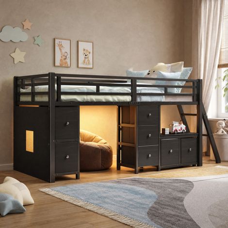 Cama infantil semialta 90 x 200 cm con 7 cajones, estante y LED 7 colores, metal/MDF negro OKWISH (1/5)