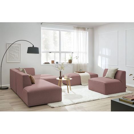 BOBOCHIC - Canapé d'angle fixe modulable MEGEVE tissu chiné avec 1 chauffeuse et 1 pouf Angle droit Rose (1/5)
