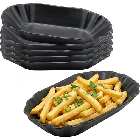Feinkeramik Pommesschale 20 cm schwarz matt - 6er Set - Porzellan Schale klein - Snackteller Keramikteller Tellerset Tafelservice für 6 Personen spülmaschinenfest