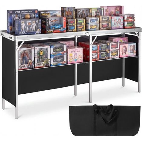 VEVOR Mostrador para stand de feria, mesa de bar plegable portátil extralarga de 195x38,5x88 cm con bolsa de transporte, estante de almacenamiento y falda negra para fiestas, pícnic, exposiciones