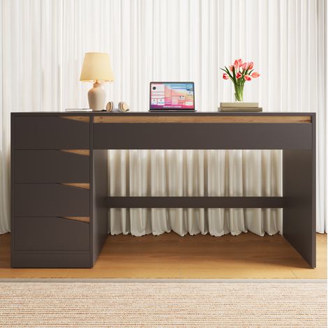 Escritorio 140 x 50 cm con 5 cajones de MDF gris y efecto roble OKWISH (1/5)