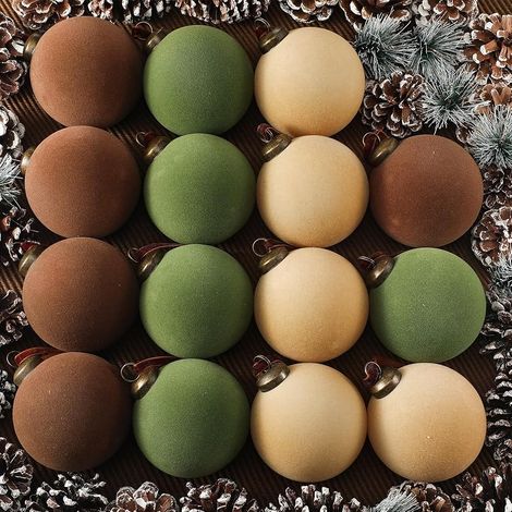 Lot de 15 Boules de Noël en Velours floquées en Vrac pour Sapin de Noël - Boules décoratives en Plastique à Suspendre (Marron, Vert, Beige, 8,9 cm) (1/5)