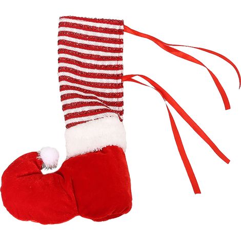 (Paquet individuel) Décoration de Noël en tissu à rayures avec motifs d'elfes, protège-pieds de table à ruban assortis (protège-pieds de table avec motifs d'elfes rouges) (1/2)