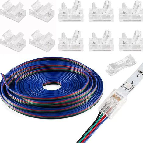 Connettori per strisce LED a 4 pin senza saldatura, 20 pezzi, con cavo di prolunga da 16,4 piedi, 4 conduttori per strisce LED RGB a 4 pin da 10 mm di larghezza, impermeabili o non impermeabili.