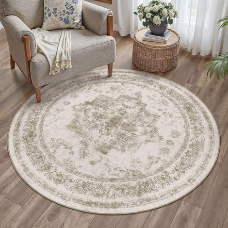 Vintage Tapis Salon Rond 120cm Beige Lavable en Machine Rug Chambre Rugs,Chambre,Adulte Carpets, Descente de Lit,AntidéRapant,Chambrel Mangerded Carpet,Doux Poil Ras (1/5)