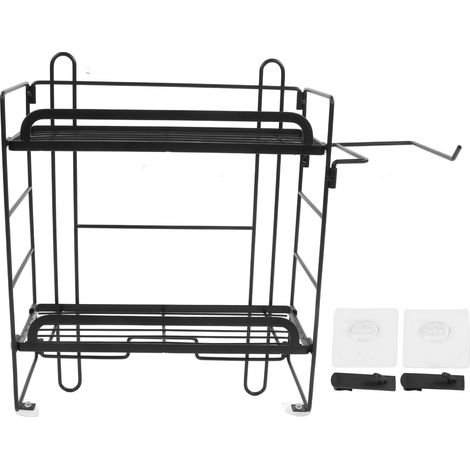 Étagère de Toilette Murale en Fer 2 Niveaux Pliante avec Crochets pour Salle de Bain Noire (1/5)
