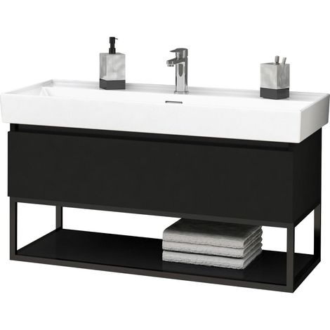BELVIT Waschbecken Set 100 cm Keramik Aufsatz oder Wandmontage mit Überlauf und Hahnloch inklusive Sovena Badunterschrank Schwarz Matt (1/5)