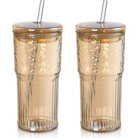 Gerippte Trinkgläser 650ml Bernstein, 2er Set mit Deckel & Strohhalm, Eiskaffee Gläser