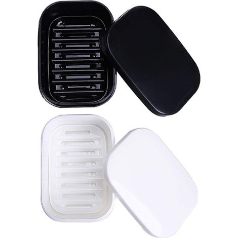 Set aus 2 auslaufsicheren Seifenschalen mit Deckel und Abflussschicht, bruchsichere Reisebehälter, tragbare Toilettenartikel, geeignet für Camping, Fitnessstudio und Badezimmer, schwarz.