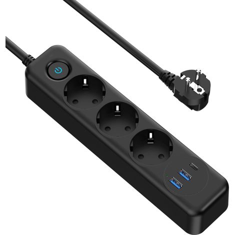 Multiprise 3 Prises avec USB C PD 20 W Charge Rapide et 2USB A, 4000W/16A Multiprise Parasurtenseur Parafoudre et Surtension avec Interrupteur Cable 2 M pour Maison Bureau, Noire (1/4)