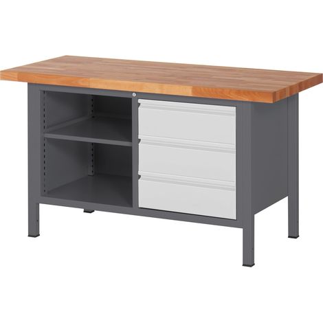 STIER Höhenverstellbare Werkbank Premium mit 3 Schubladen und einem offenen Fach BxTxH 1500x700x840-1040mm (1/5)