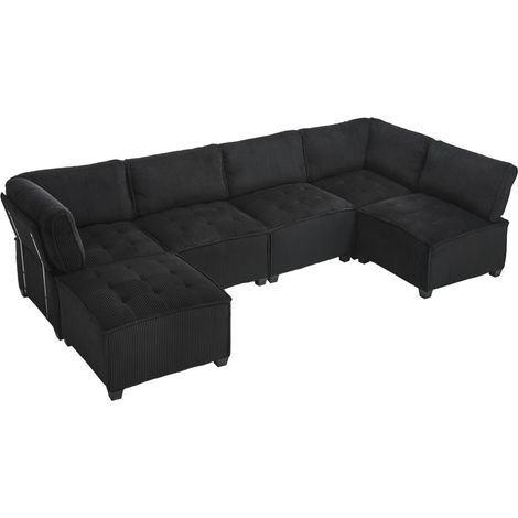 Canapé modulaire 6 places en tissu côtelé noir avec structure bois et métal, convertible en U ou L, avec poches de rangement (1/5)