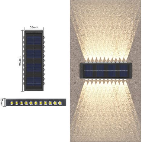 Lampe murale solaire 2 en 1 avec éclairage bidirectionnel haut/bas, 22 LED, lumière chaude, pour extérieur, décoration de clôture, mur ou façade – sans fil, rechargeable par énergie solaire yun