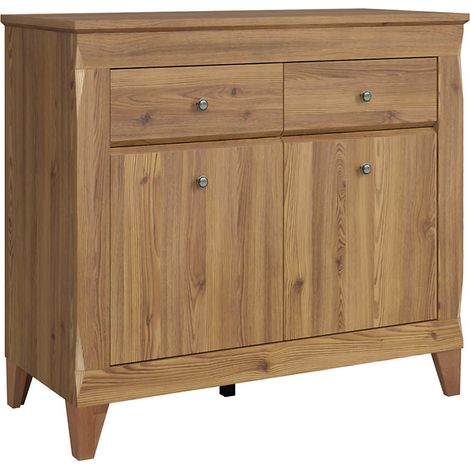 Commode meuble de rangement à 2 portes et 2 tiroirs à fermeture soft-close coloris Mélèze doré - Longueur 110 x Profondeur 47 x Hauteur 98 cm (1/5)