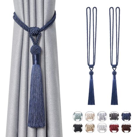 Lot de 2 tentures en corde tressée avec pompons, faites main, style européen, pour fenêtres maison/bureau (bleu foncé). (1/5)