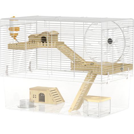 Cage hamster 3 niveaux avec roue d'exercice, plateau profond transparent, blanc 59x35.5x47 cm