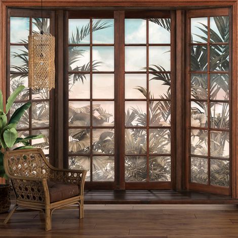 Papier peint panoramique Trompe l'oeil Fenêtre en bois - Forêt Tropicale - 130 cm x 104 cm (1/5)
