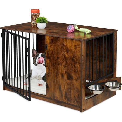 Relaxdays Box pour chien à domicile, H x L x P : 65,5 x 102 x 60 cm, 2 gamelles, meuble industriel, MDF et métal, marron (1/5)
