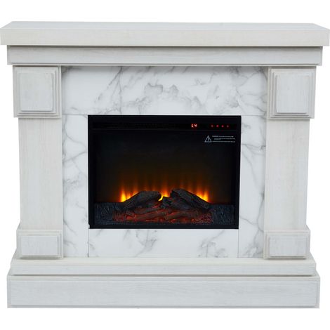 Teamson Home Hestia Chimenea eléctrica independiente de 48" con repisa, pantalla táctil, control remoto y fuego instantáneo ajustable, mármol blanco VNF-0015WM-EU (1/5)