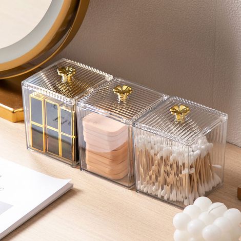 3pcs Distributeur de Cotons Salle de Bain, Boîte Acrylique Transparente poue Coton Tige Rangement Maquillage pour Cosmétiques, Cotons-Tiges, Boules De Coton, Tampons, Blanc