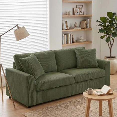 Canapé 3 personnes 212 cm avec 2 coussins à ressorts, revêtement en velours côtelé, pour séjour, chambre et bureau, vert (1/5)
