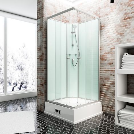 Schulte Komplettkabine Korfu II - Duschkabine mit Eckeinstieg, 5 mm ESG Sicherheitsglas klar, Profil Alu Natur, 94 x 215 cm, inkl. Boiler (18 L, 2 kW Heizleistung) & Pumpe, Rückwände light grün (1/5)