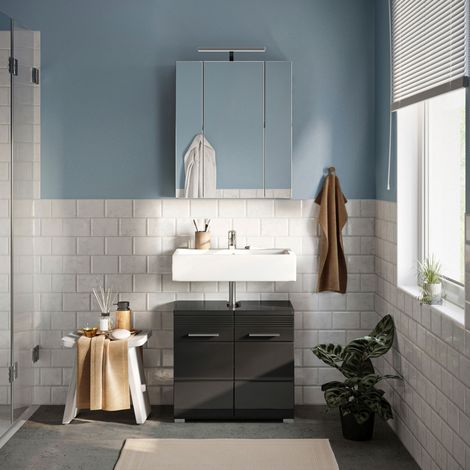Ensemble 2 meubles de salle de bain + lampe noir brillant - KUEDA