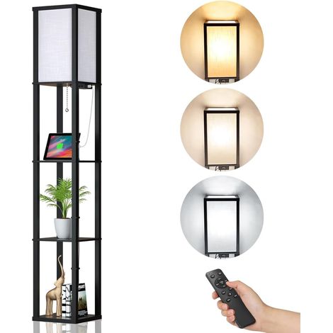 Dimmable Wooden Floor Lamp with Remote Control, Modern Floor Lamp 1.62 m, Shelf Lamp with E27 Bulb, 2 USB Charging Ports, Decorative Light for Bedroom, Living Room, Office, Cafe, Hotel (1/5)