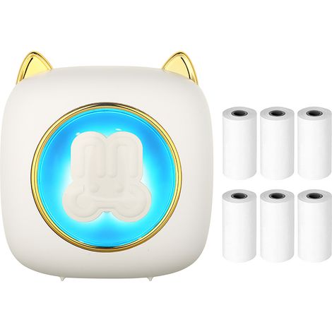 Imprimante d'étiquettes thermique Bluetooth C23 pour photos, blocs-notes, carnets, reçus, lapin blanc, avec 6 rouleaux de papier thermique et batterie au lithium intégrée.