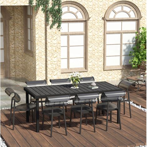 Tavolo da giardino in alluminio nero rettangolare 190 x 90 x 74 cm con piano effetto legno impermeabile (1/5)