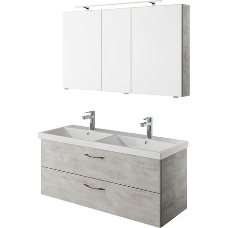Doppelwaschplatz Set, 120cm breit, mit LED Aufbauleuchte in Oxid Hellgrau VILLATORO-66, B/H/T ca. 120/200/45 cm (1/5)