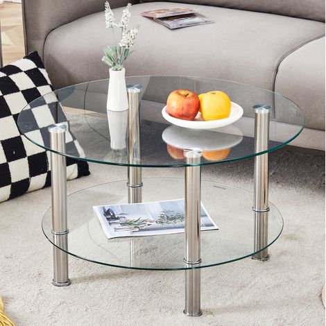 Table basse ronde 70x70x42 cm argent et transparent, double plateau en verre trempé, métal MEUBLIV (1/5)