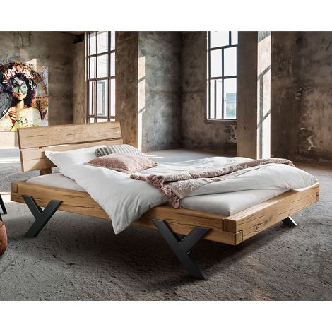 Massivholz Doppelbett, 140x200 cm, Eiche massiv, Holzkopfteil, schwarze Beine in Y-Form, UPPSALA-137, B/H/T ca. 158/88/228 cm (1/3)