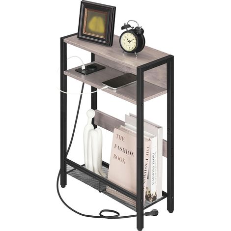 Table d’Appoint compacte, Bout de Canapé avec Station de Charge, Table de Chevet, Table Basse à 3 Niveaux, Table d’Appoint avec Rangement, pour Petit Espace, Salon, Gris Patiné DTBZ05CBH (1/5)