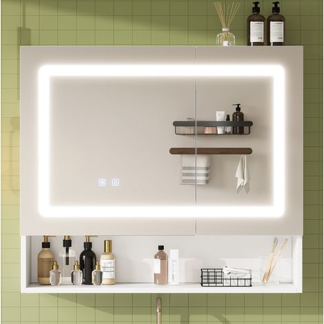 Badezimmerspiegelschrank 80 x 17 x 70 cm mit LED, Anti-Beschlag, Doppeltür, weiß HAVRYA (1/5)
