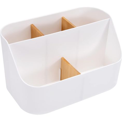 Organiseur de Bureau Boîte de Rangement Fournitures de Bureau Porte Stylo avec Bois Compartiments pour la Maison D'école de Bureau, Blanc