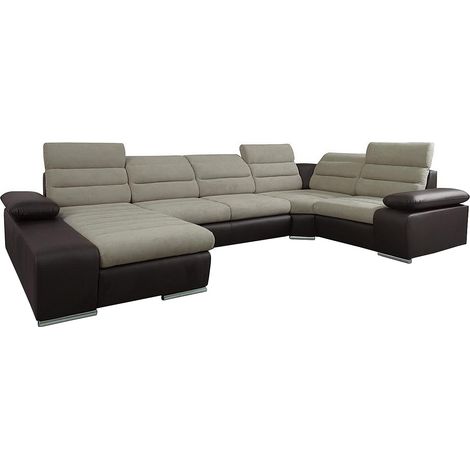 Divano letto angolare panoramico in tessuto e similpelle Bicolore beige e marrone - Angolo a sinistra - BOILEAU