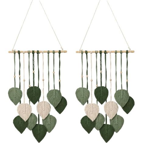 Décoration Murale. 2PCS Tapisserie Faite Main Décoration Bohème Tenture Murale TisséE Décoration Murale Feuille Plumes Avec Perles En Bois Et 10 Feuilles Vertes Tapisserie Pour Salon Chambre.(Vert) (1/5)