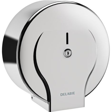 Delabie – Distributeur de papier toilette mural inox 304 poli brillant – Bobine 400m – Couvercle articulé pour entretien facile – Dimensions Ø305mm