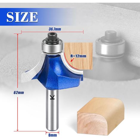 Radius Fraise à arrondir 12 mm avec tige de 8 mm, en carbure de tungstène, embouts de fraisage, embouts de défonceuse, fraise à bords pour le travail du bois