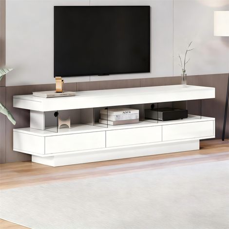 Meuble téléviseur blanc laqué brillant 160x38x50,5 cm, 3 tablettes en verre, éclairage LED avec commande via application et Bluetooth, pour écran 70 pouces, support TV brillant en verre, armoire conne