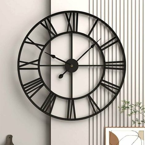 royaluxe - Grande horloge murale, horloge murale noire avec grands chiffres romains, horloge murale sans bruit de tic-tac, horloge murale 40cm vintage, horloge murale métal noir, salon, chambre et cui (1/5)