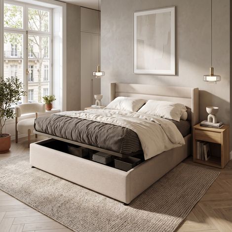 Superaly - Lit coffre hydraulique 160x200cm - lit 2 personnes - Lit capitonné de lin - Rangement sous le lit - Sommier à lattes - Lit adulte style scandinave - Beige(Sans matelas) (1/5)