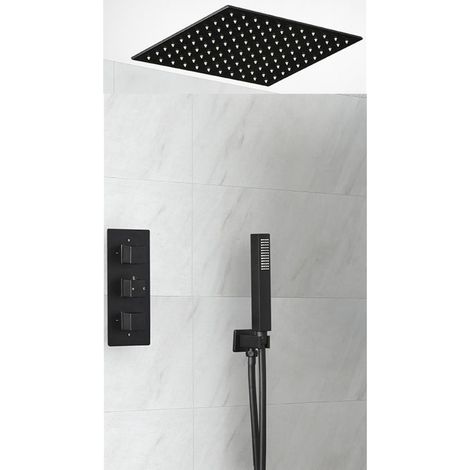 Milano Preto 2 Outlet Triple Thermostatic Mixer Shower Valve with 400mm Ceiling Mounted Square Recessed Rainfall Shower Head and Hand Shower Handset Kit